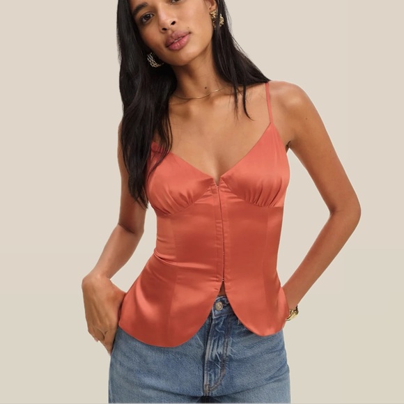 Reformation Lumi Silk Charmeuse V-Neck Sleeveless Camisole Top (Red Coral) - Picture 3 of 16